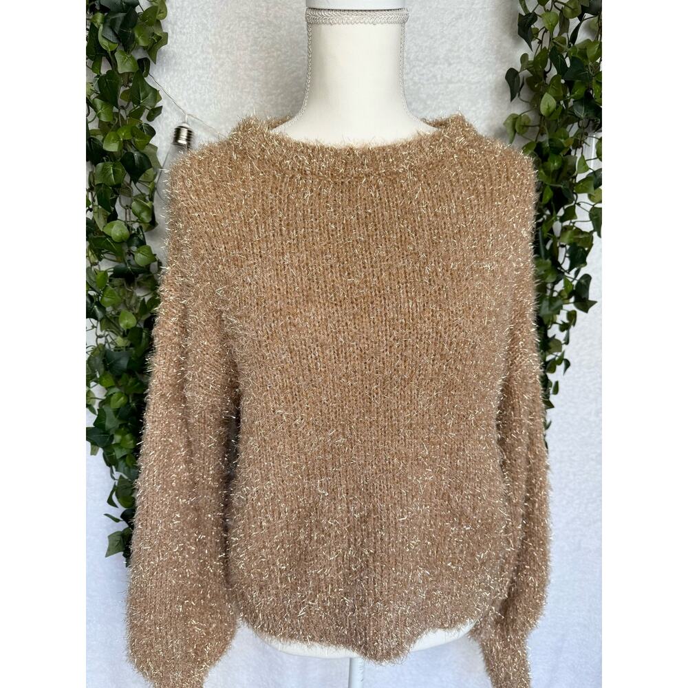 CATO Brown Sparkly Back Bow Balloon Sleeved Sweater Women's Small - Picture 3 of 11